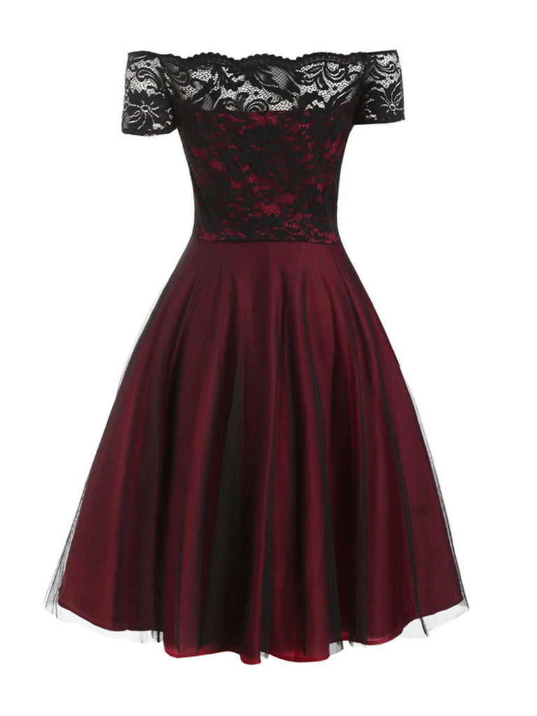 Vintage A-Line Cocktail Dress Lace Off Shoulder Dress Wine Red,XXL Vintage A-Line Cocktail Dress Lace Off Shoulder Dress Wine Red,XXL
