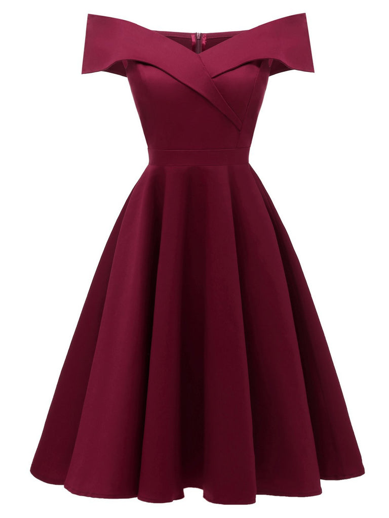 Retro Stage A-Line Cocktail Off Shoulder Swing Dress Wine Red,M