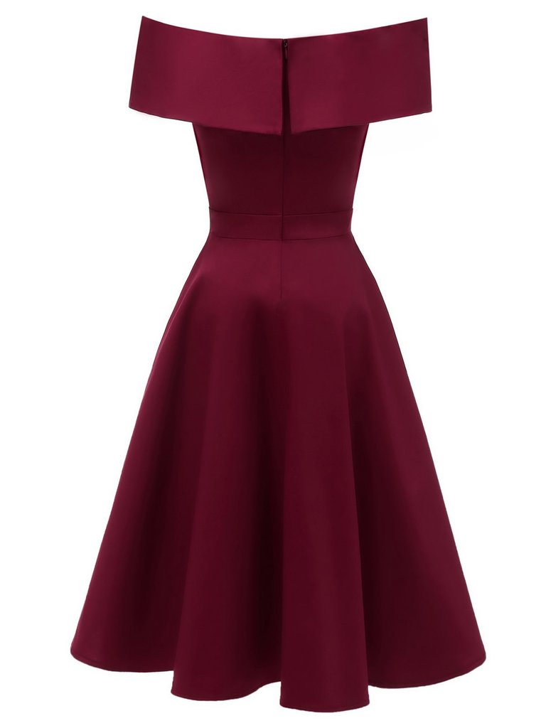 Retro Stage A-Line Cocktail Off Shoulder 50s Swing Dress Wine Red