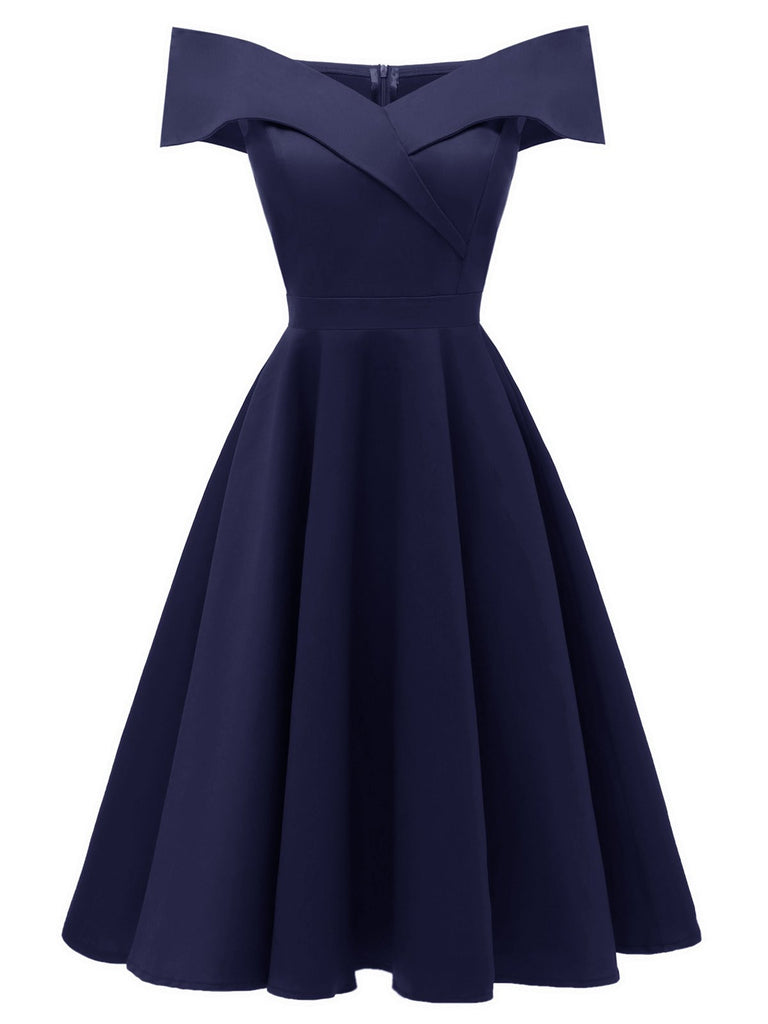 50's a line dress Vintage Cocktail 1950s Off Shoulder Midi Little Black Dress,M