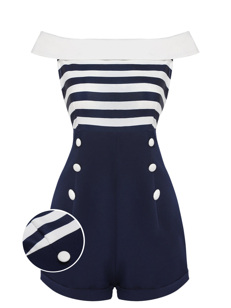 Navy Blue 1950s Patchwork Off-shoulder Striped Romper: timeless style reimagined