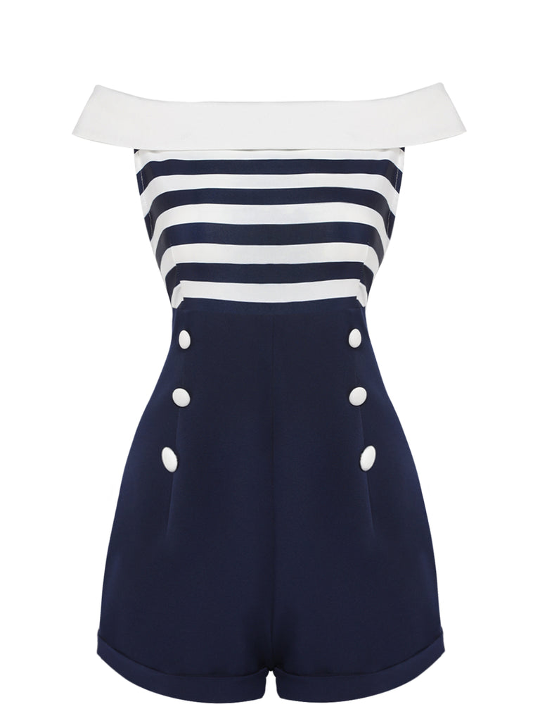 Navy Blue 1950s Patchwork Off-shoulder Striped Romper — vintage elegance for the modern woman