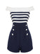 Navy Blue 1950s Patchwork Off-shoulder Striped Romper — vintage elegance for the modern woman