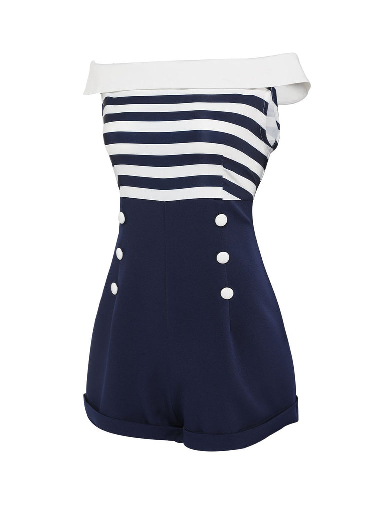 Navy Blue 1950s Patchwork Off-shoulder Striped Romper: timeless style reimagined