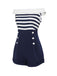 Navy Blue 1950s Patchwork Off-shoulder Striped Romper: timeless style reimagined