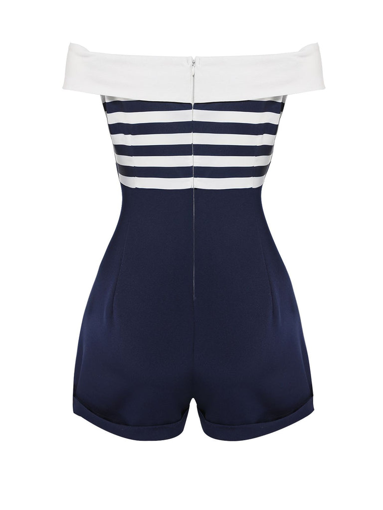 Navy Blue 1950s Patchwork Off-shoulder Striped Romper — vintage elegance for the modern woman