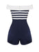 Navy Blue 1950s Patchwork Off-shoulder Striped Romper — vintage elegance for the modern woman
