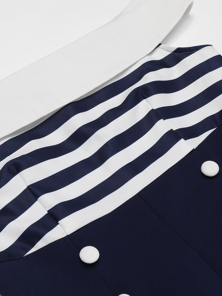 Navy Blue 1950s Patchwork Off-shoulder Striped Romper: timeless style reimagined