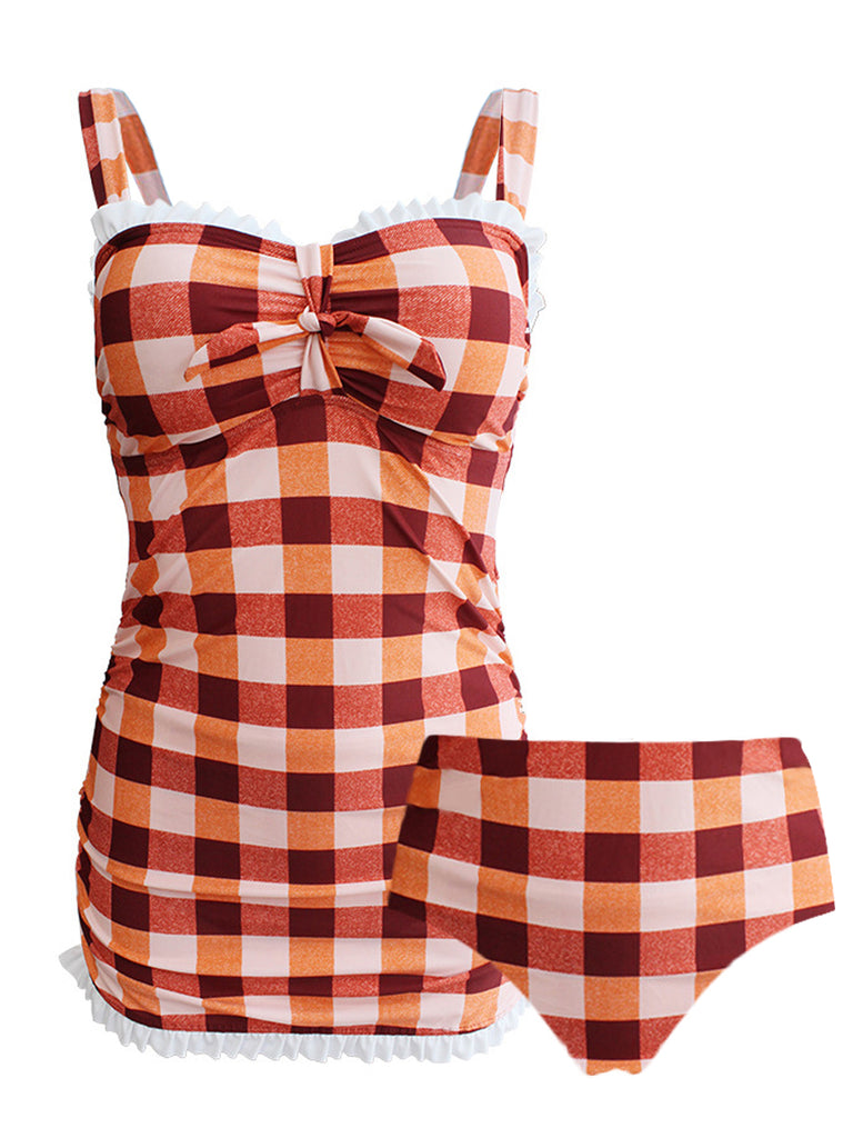 1950s Plaid Bow Strap Ruffled Tankini, classic 1950s style elegant retro fashion - Image 2