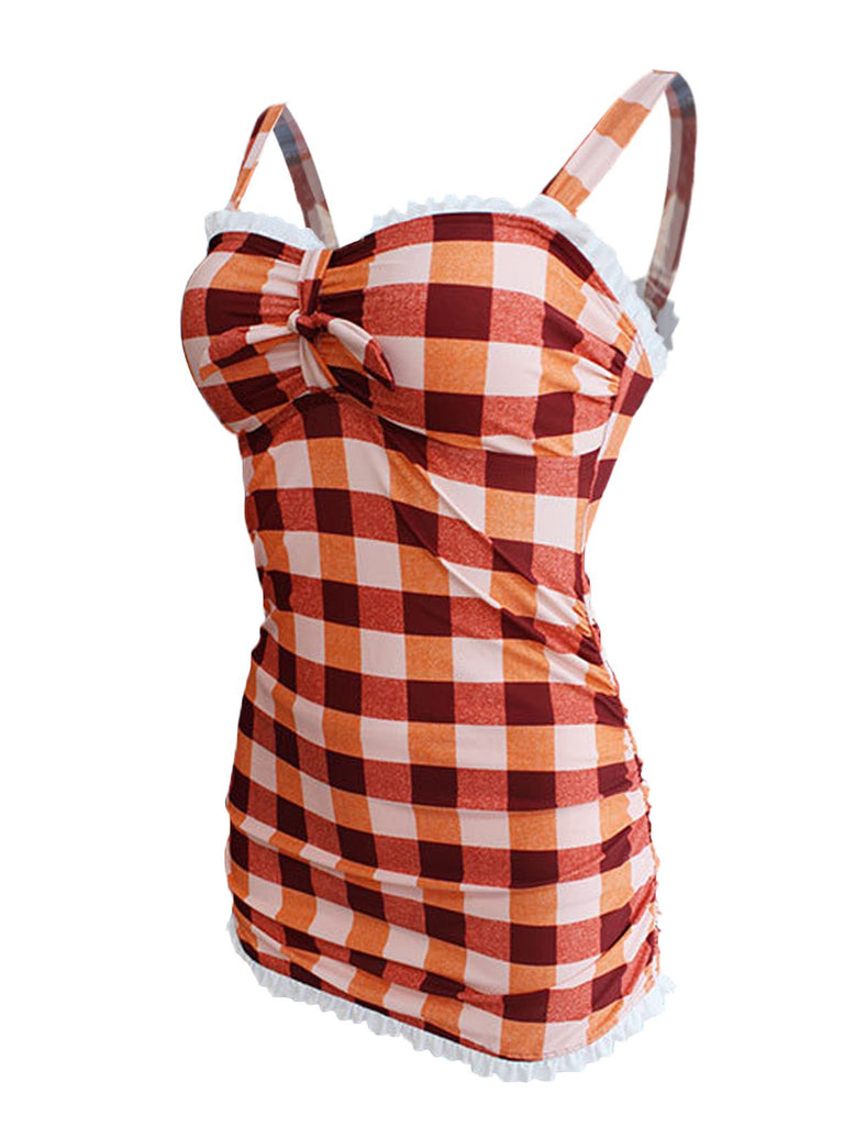 1950s Plaid Bow Strap Ruffled Tankini, classic 1950s style elegant retro fashion - Image 3