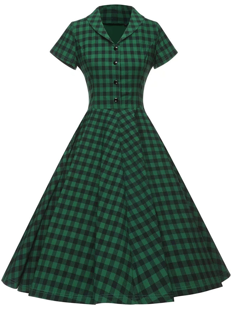 1950s Plaid Button Swing Dress, classic 1950s style elegant retro fashion - Image 2