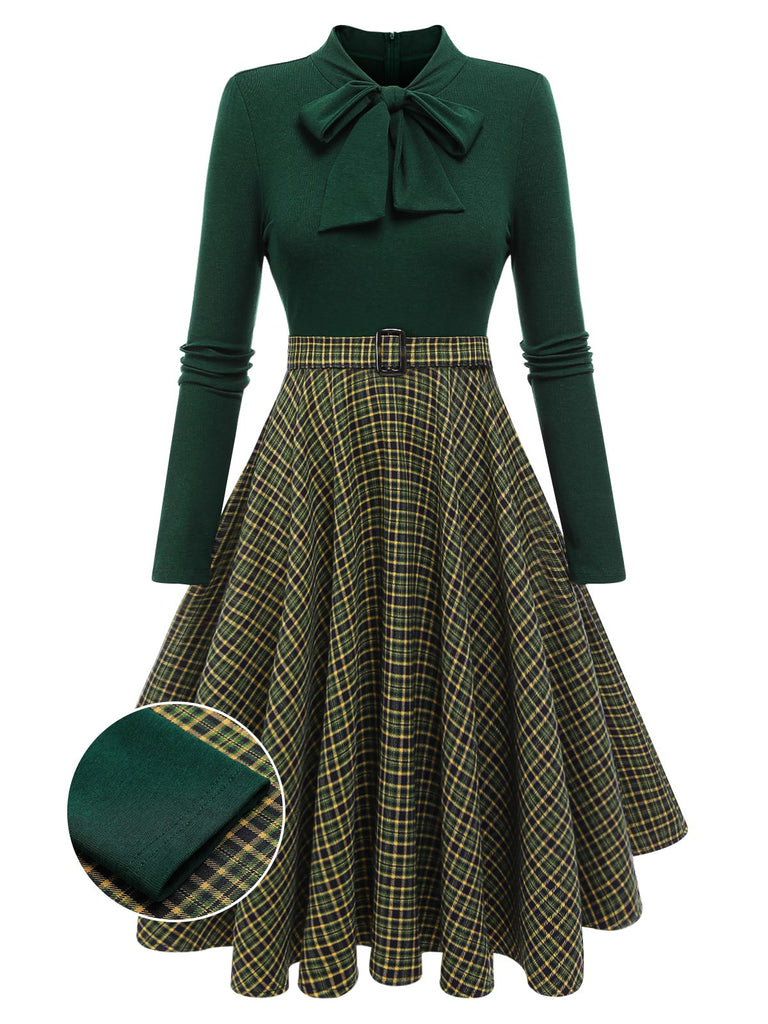 Vintage Dress Green Plaid A-Line Long Sleeves Dress with Belt, Green / L Vintage Dress Green Plaid A-Line Long Sleeves Dress with Belt, Green / L