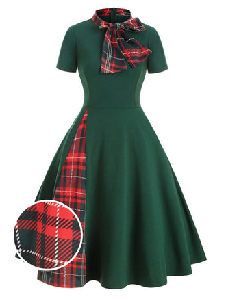 1950s Plaid Patchwork Bow Swing Dress, classic 1950s style elegant retro fashion - Image 1