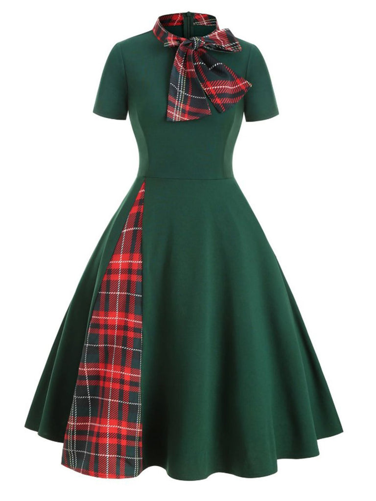 1950s Plaid Patchwork Bow Swing Dress — vintage elegance for the modern woman