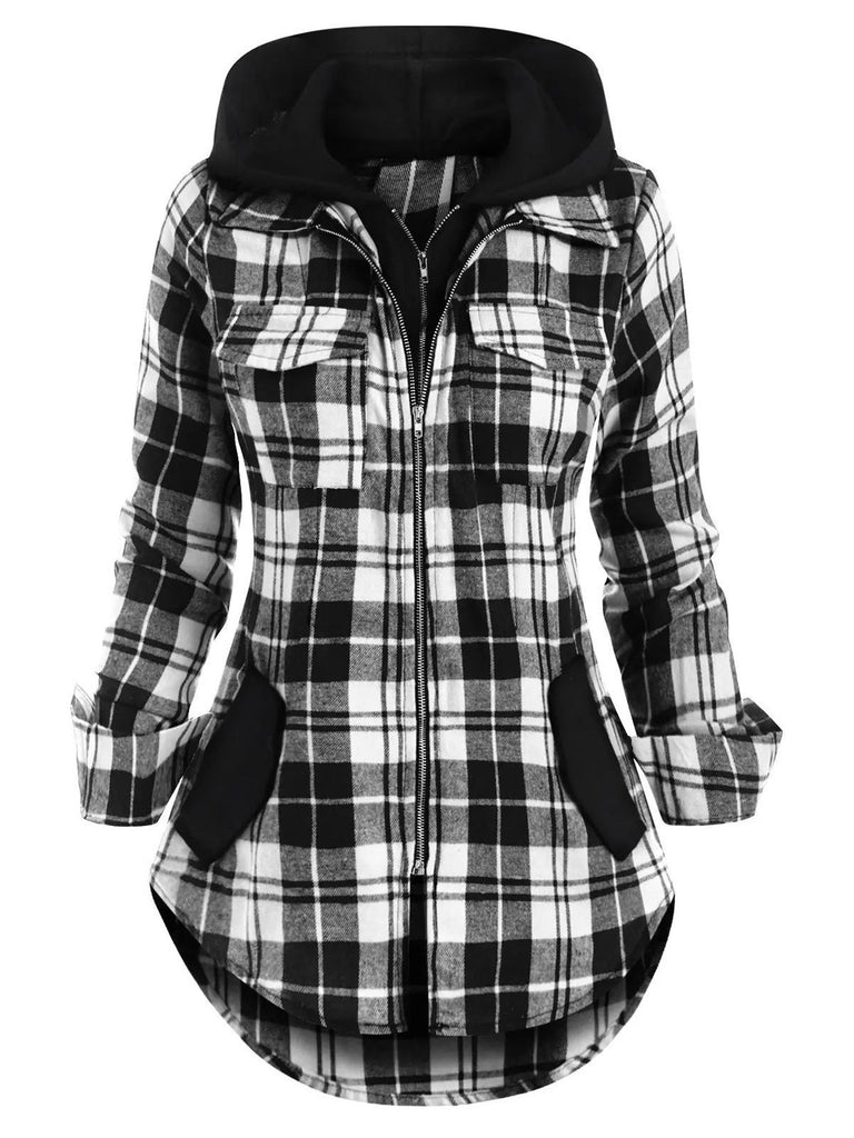1950s Plaid Pocket Hooded Zipper Tops: timeless style reimagined
