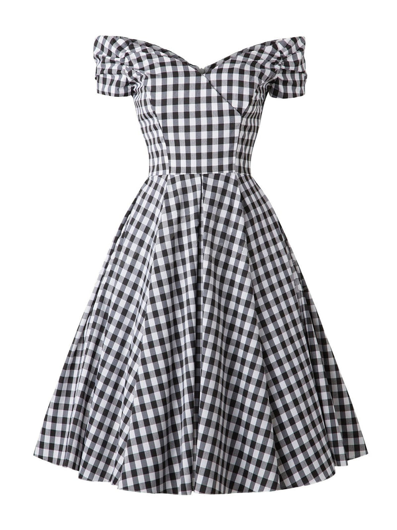 black white plaid dress 1950s Swing colorblock dress Sleeve Style Macrame Black Fringed Dress, Skirt/Dress length type:Tea Length