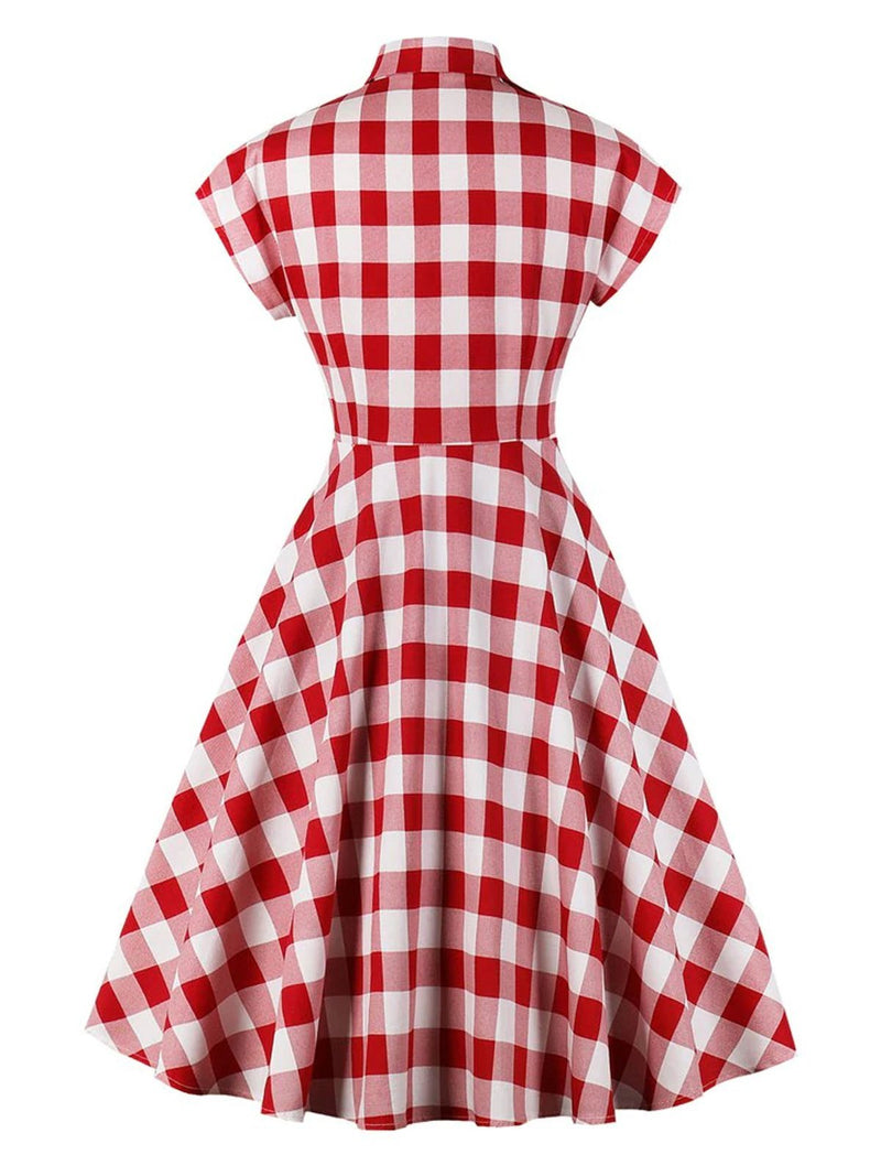 open lace back dress Retro Stage Lapel Vintage Red Plaid Swing Dress 1950s Rockabilly Dress with Pockets