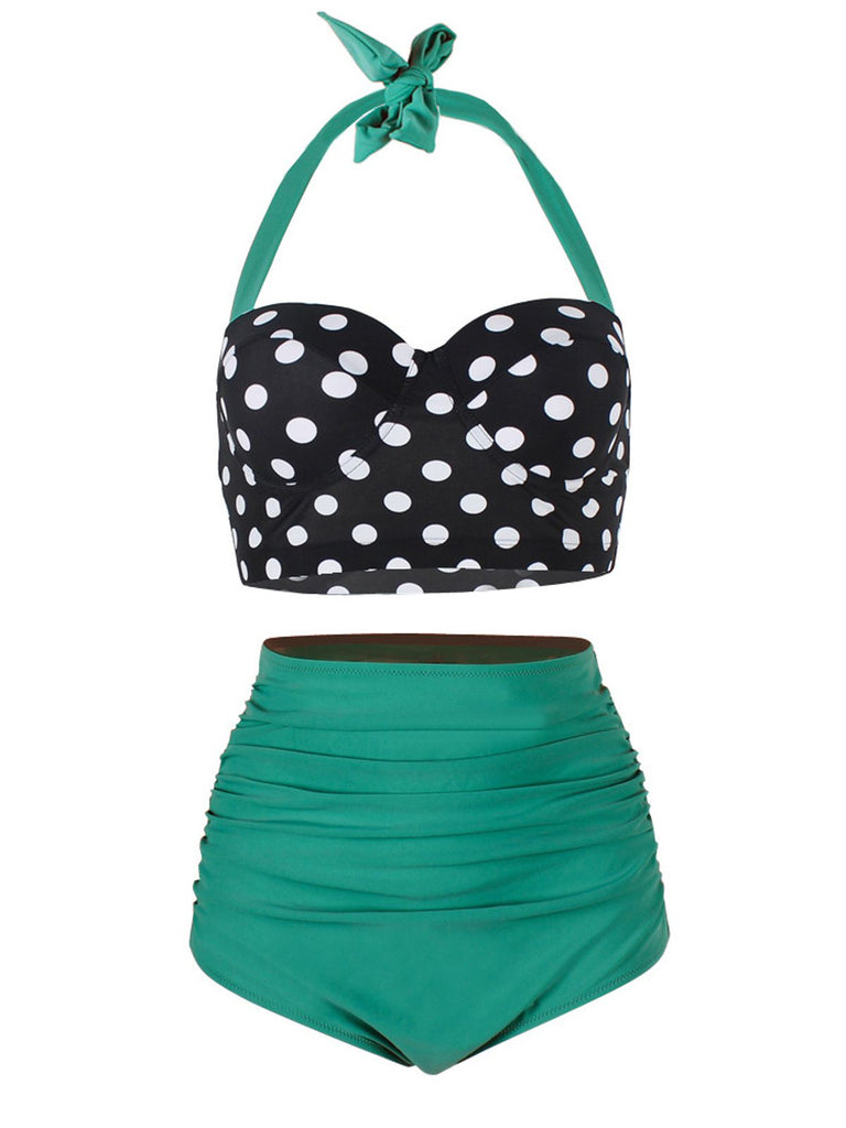 1950s Polka Dot Halter Pleated Bikini, classic 1950s style summer beach collection - Image 1