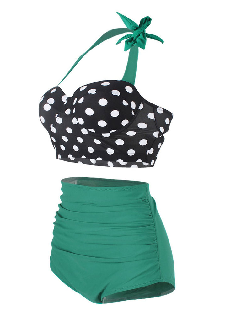 1950s Polka Dot Halter Pleated Bikini, classic 1950s style summer beach collection - Image 2