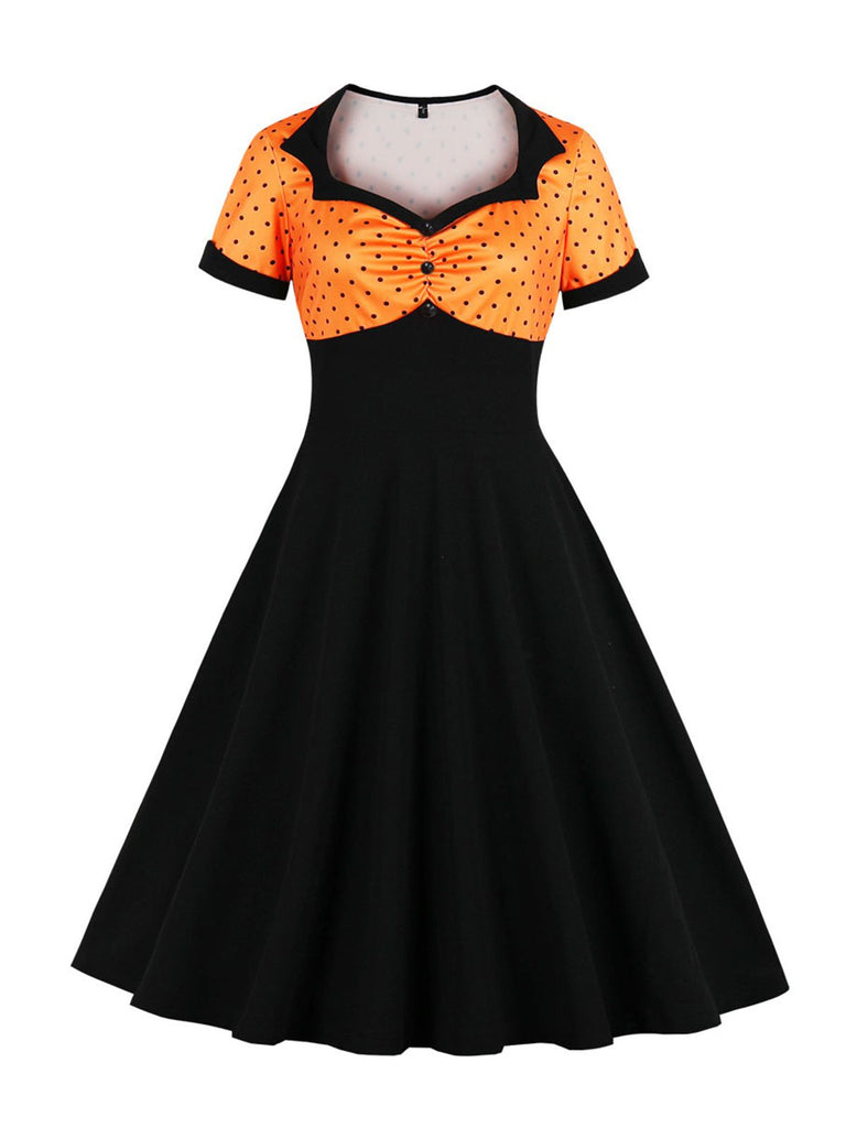 This 1950s Polka Dot Patchwork Swing Dress wraps her in 1950s elegance, one twirl at a time