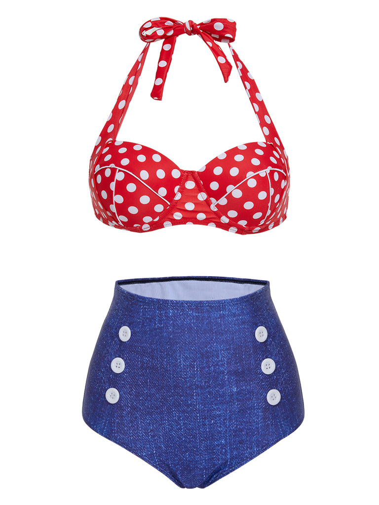 1950s Retro Polka Dot Halter Bikini Swimsuit — vintage elegance for the modern woman