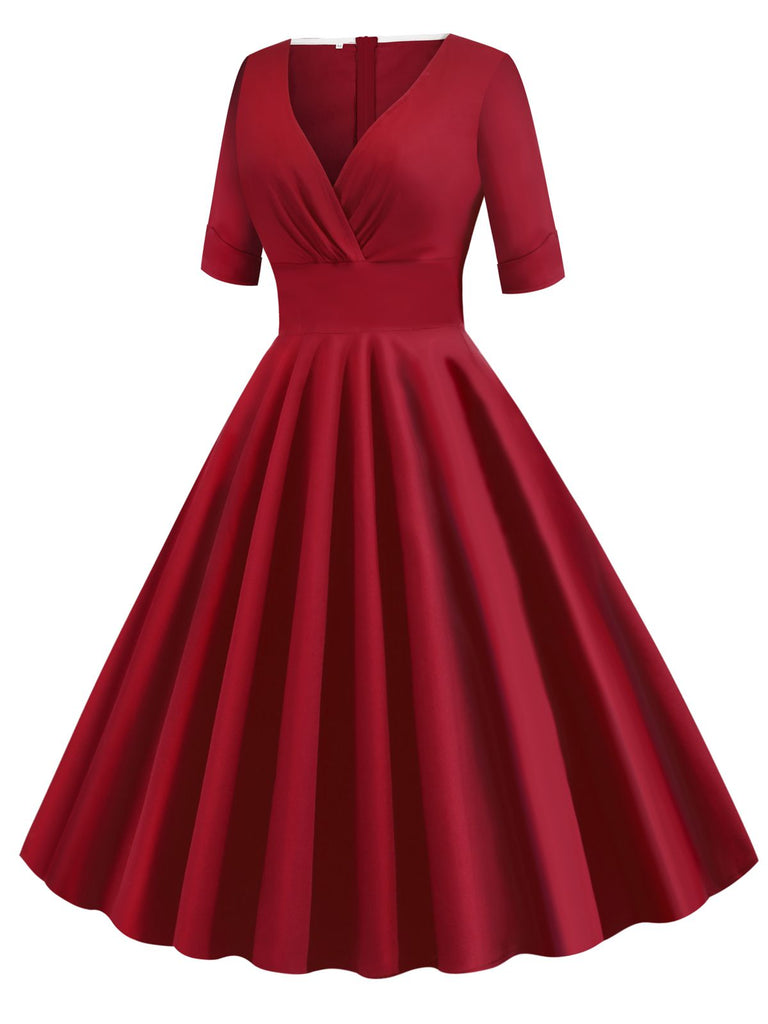 Retro Stage 1950s Solid Sweetheart Fold Swing Dress Wine Red,M Retro Stage 1950s Solid Sweetheart Fold Swing Dress Wine Red,M