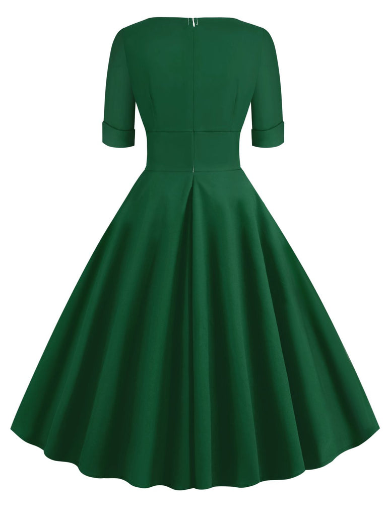 Retro Stage Solid Sweetheart Fold Swing Dress | Color: Dark Green Retro Stage Solid Sweetheart Fold Swing Dress | Color: Dark Green