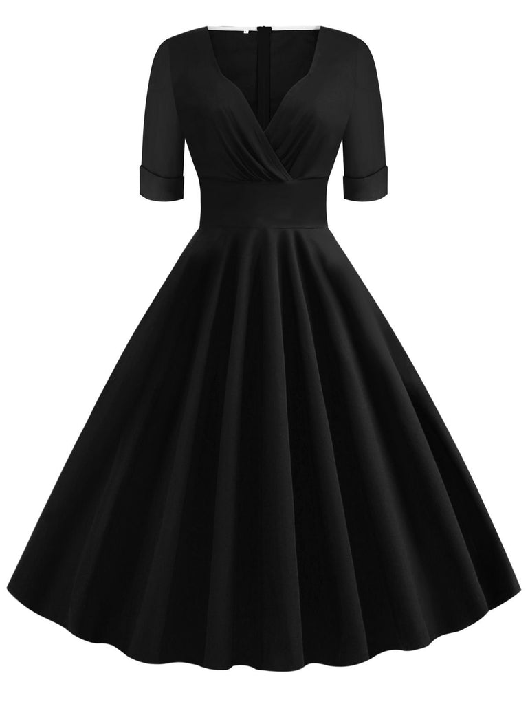 Retro Stage 1950s Solid Sweetheart Fold Swing Dress Black Retro Stage 1950s Solid Sweetheart Fold Swing Dress Black