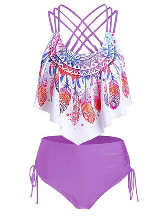 1950s Spaghetti Strap Feather Tankini Set: timeless style reimagined