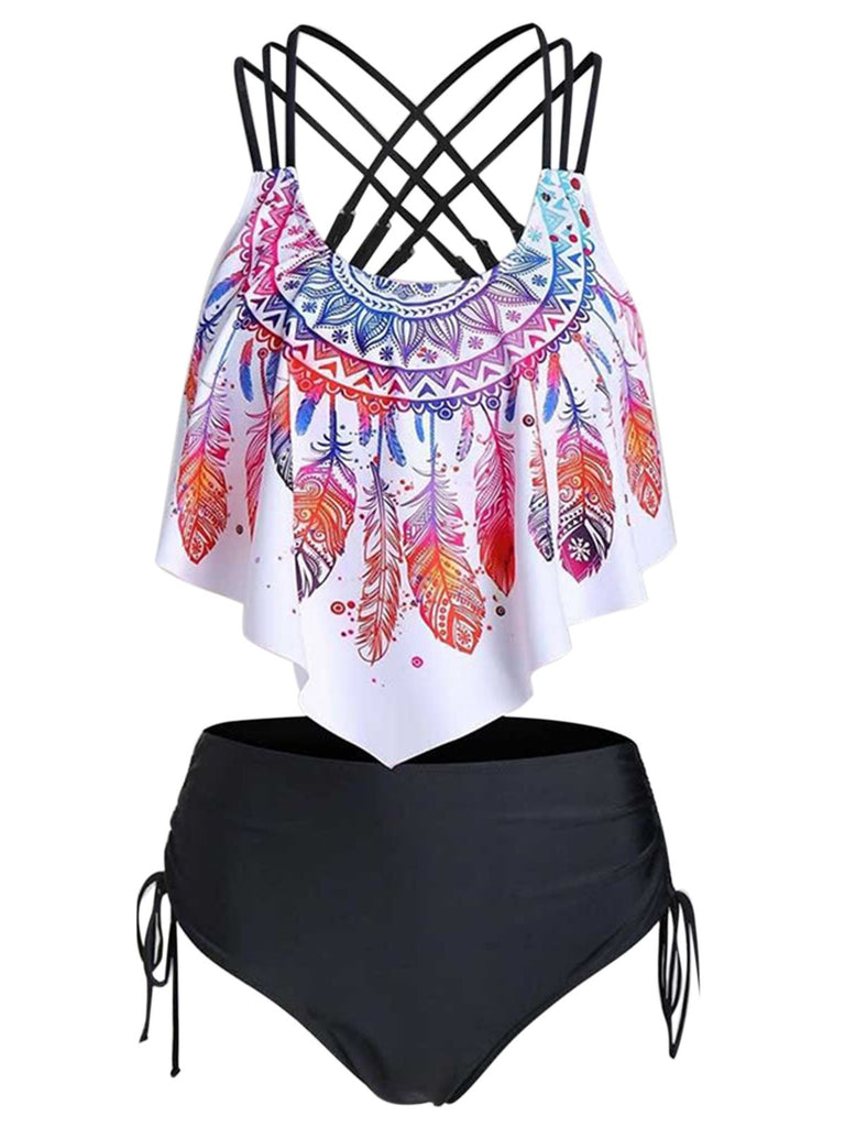 1950s Spaghetti Strap Feather Tankini Set: timeless style reimagined