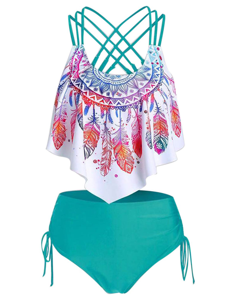 1950s Spaghetti Strap Feather Tankini Set - vintage fashion, retro style