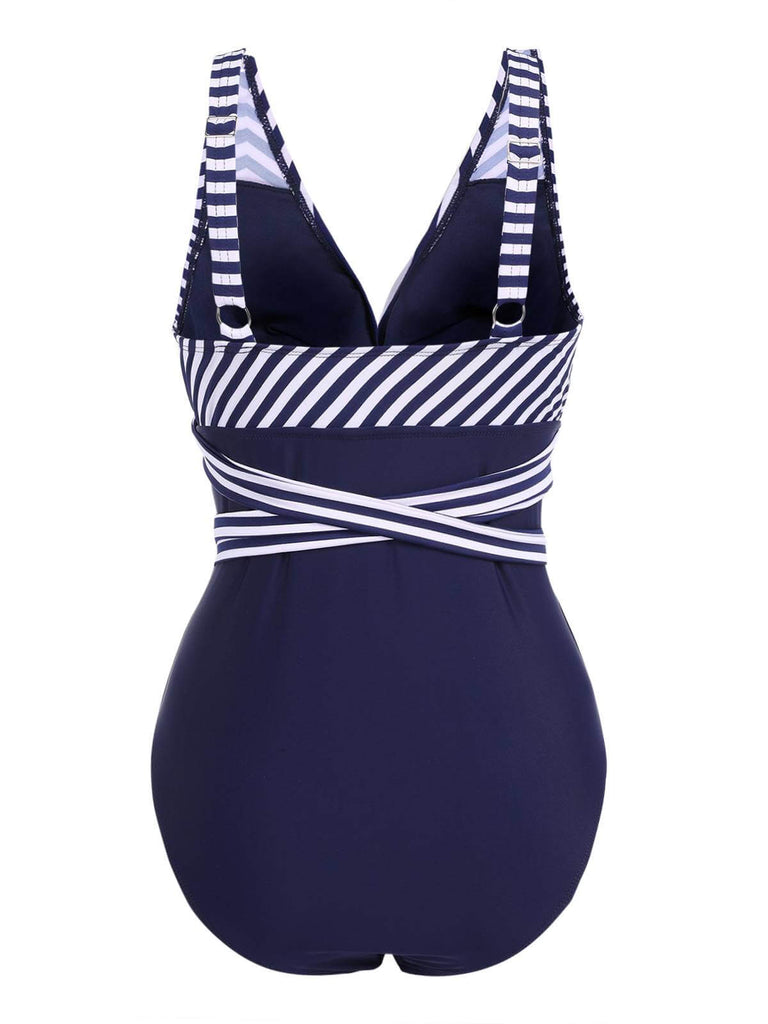 1950s Stripe Lace Up Patchwork One-Piece Swimsuit: timeless style reimagined