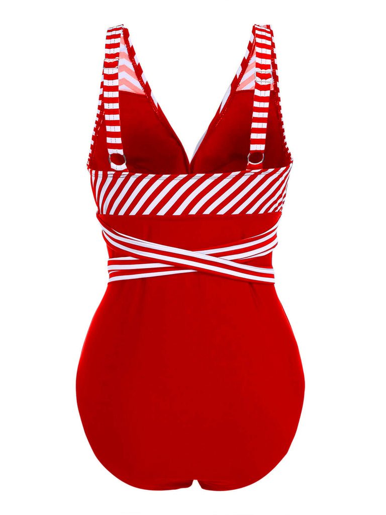 1950s Stripe Lace Up Patchwork One-Piece Swimsuit — vintage elegance for the modern woman