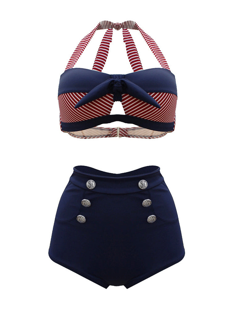 1950s Stripe Patchwork Bow Halter Bikini, classic 1950s style summer beach collection - Image 1