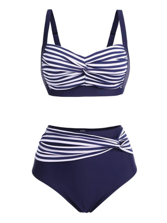 1950s Stripe Twisted Patchwork Strap Swimsuit: timeless style reimagined