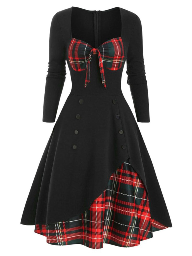 Vintage Green A-Line Dress | Women's Square Neck Long Sleeve with Plaid Bust & Buttons