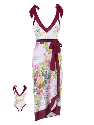 1950s V-Neck Flowers Lacing Swimsuit & Cover Up - vintage swimsuit, pin-up style