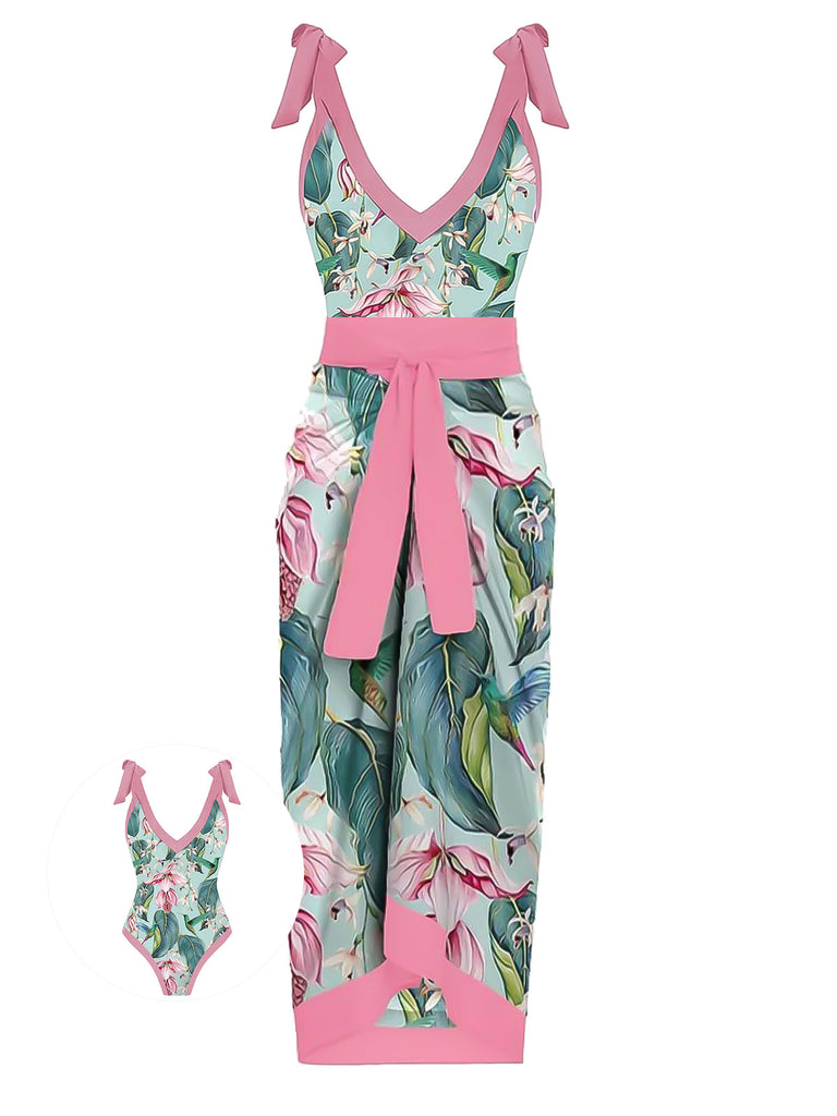 1950s V-Neck Flowers Lacing Swimsuit & Cover Up - vintage swimsuit, pin-up style