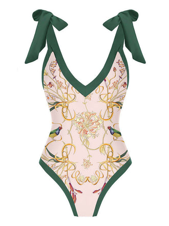 1950s V-Neck Flowers Lacing Swimsuit: timeless style reimagined