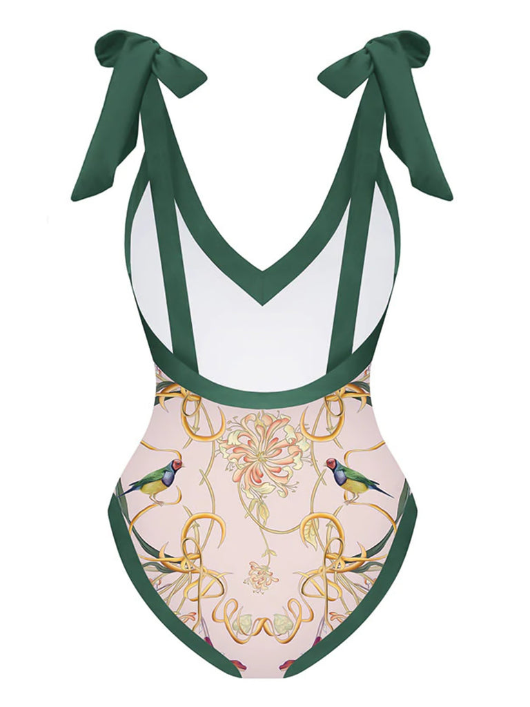 1950s V-Neck Flowers Lacing Swimsuit — vintage elegance for the modern woman
