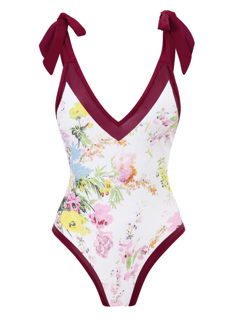 1950s V-Neck Flowers Lacing Swimsuit: timeless style reimagined