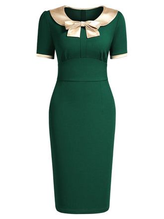 1960s Bow Patchwork Bodycon Dress, classic 1960s style elegant retro fashion - Image 1