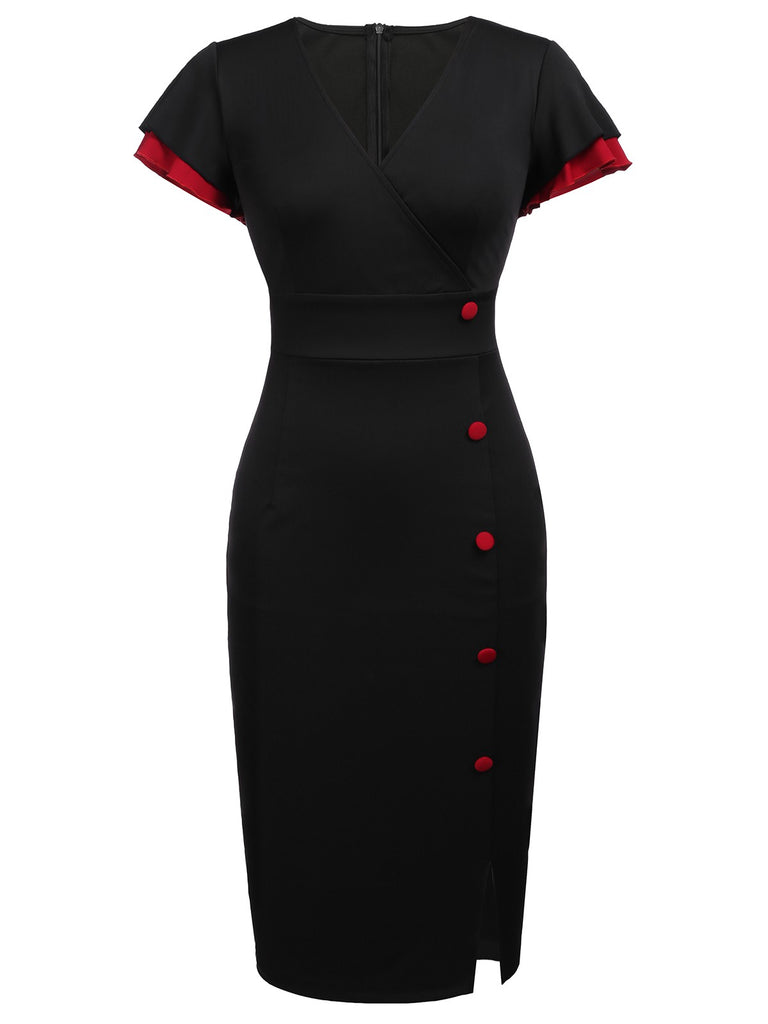 1960s Button Slit Bodycon Dress, classic 1960s style elegant retro fashion - Image 1