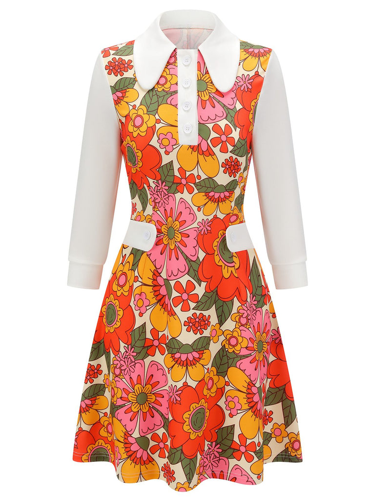Retro Stage 1960s Lapel Flowers Patchwork Dress Orange,M Retro Stage 1960s Lapel Flowers Patchwork Dress Orange,M