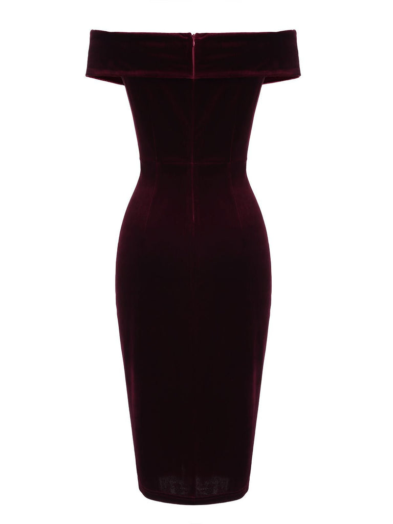 Vintage Off Shoulder Velvet Bodycon Midi Dress Emerald Green
