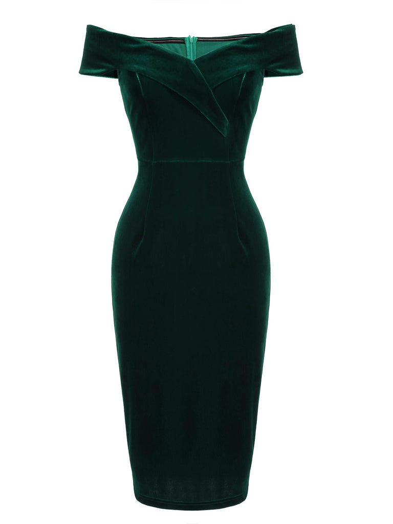 vintage green velvet dress Emerald Green Velvet Cocktail Dress | Off Shoulder | Midi