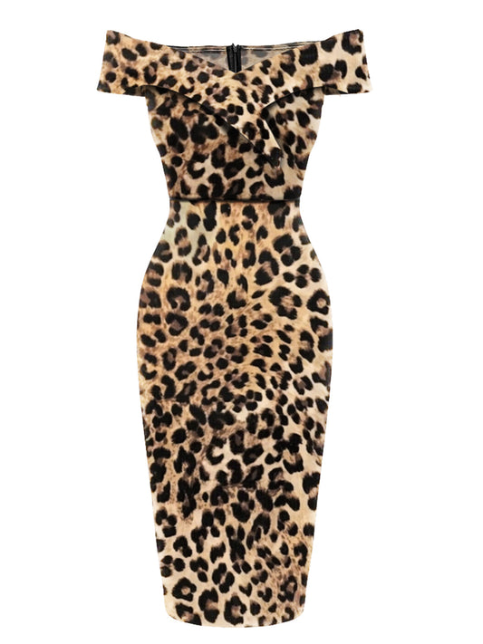 1960s Off-shoulder Leopard Pencil Dress — vintage elegance for the modern woman