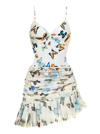 1960s Butterflies Strap One-piece Swimsuit & Cover-up Skirt - vintage skirt, retro style