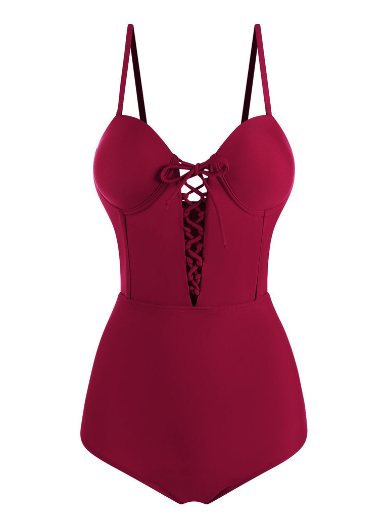 Wine Red 1960s Solid Spaghetti Strap One-piece Swimsuit