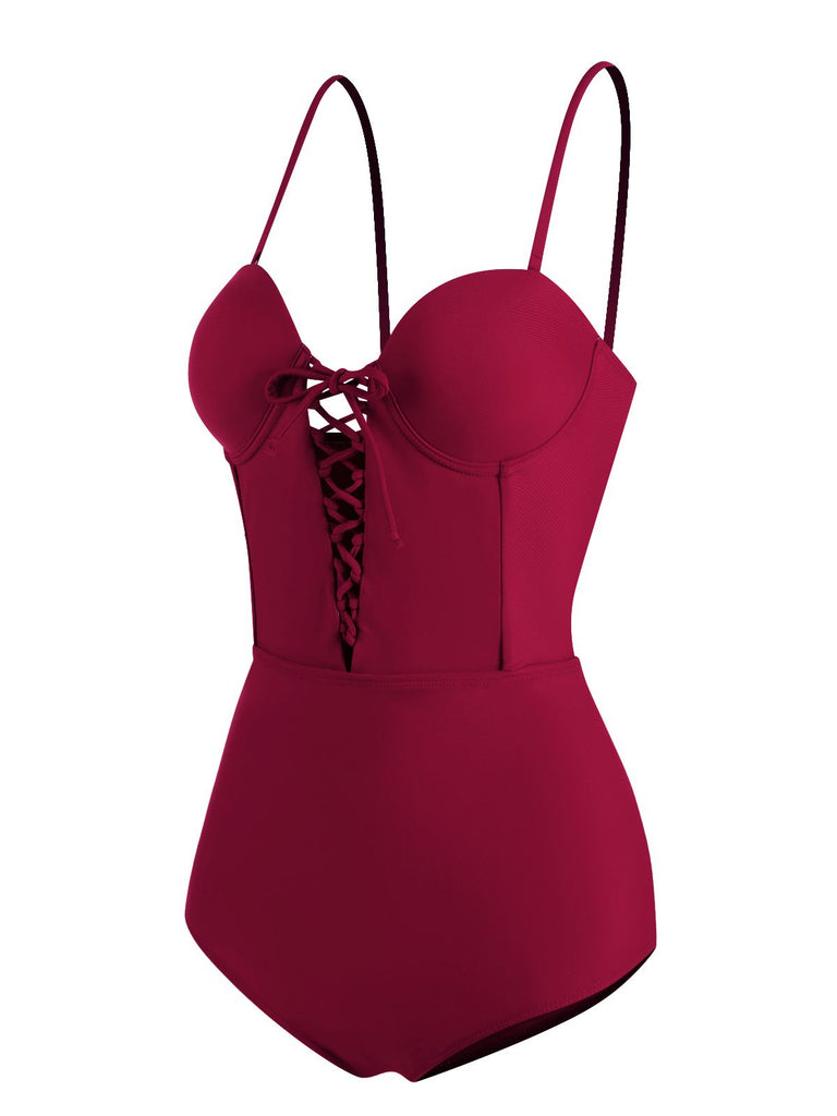 Wine Red 1960s Solid Spaghetti Strap One-piece Swimsuit